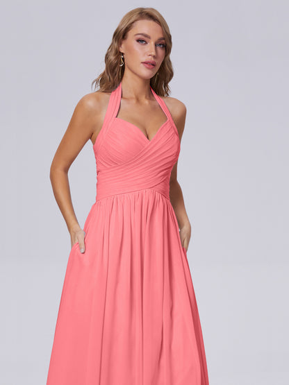 Amaya Pretty Halter Chiffon Long Bridesmaid Dresses
