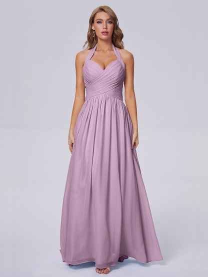 Amaya Pretty Halter Chiffon Long Bridesmaid Dresses
