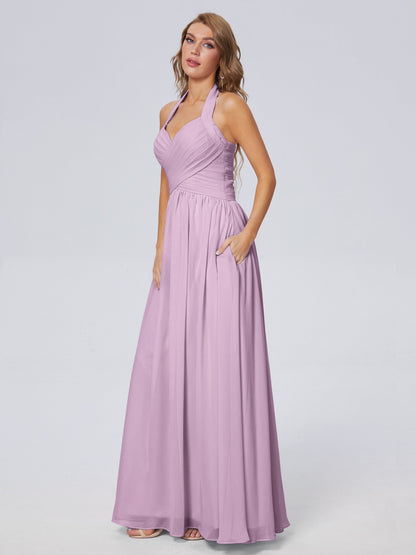 Amaya Pretty Halter Chiffon Long Bridesmaid Dresses