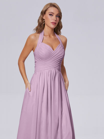Amaya Pretty Halter Chiffon Long Bridesmaid Dresses