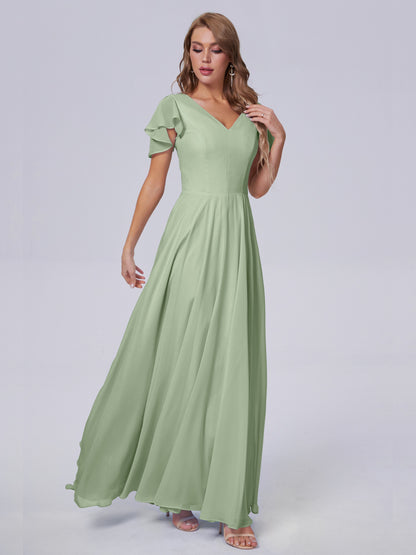 Anastasia Chiffon Long Bridesmaid Dresses With Sleeves