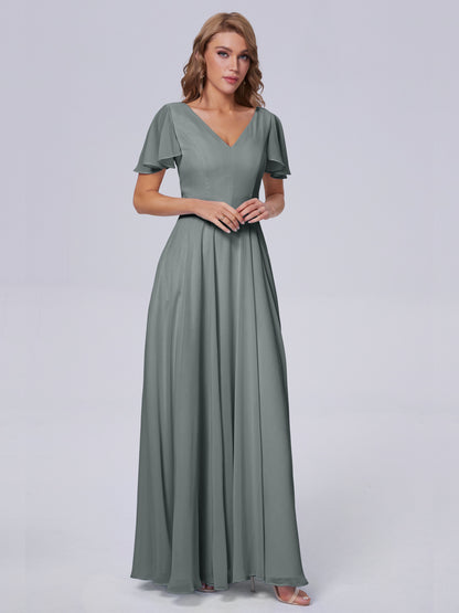 Anastasia Chiffon Long Bridesmaid Dresses With Sleeves
