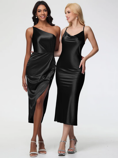 Black Stretch Sleeveless Cowl Bridesmaid Dress Sheath/Column Straps Cowl Neck Tea Length Stretch Satin Bridesmaid Dress