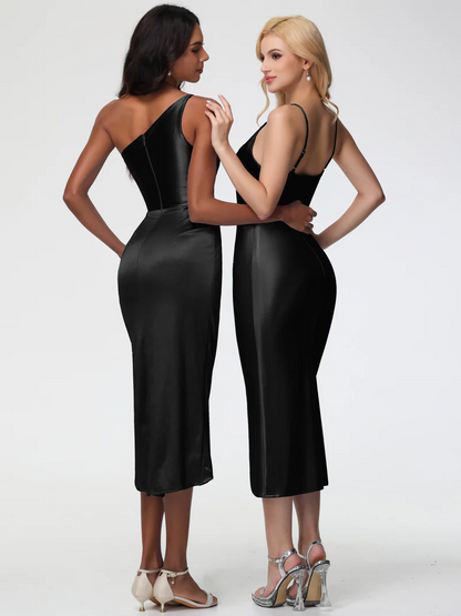 Black Stretch Sleeveless Cowl Bridesmaid Dress Sheath/Column Straps Cowl Neck Tea Length Stretch Satin Bridesmaid Dress