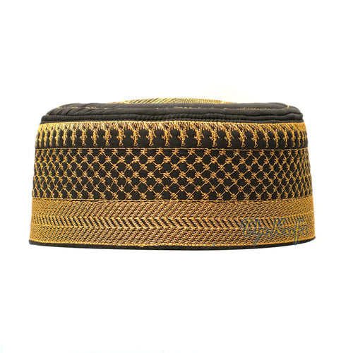 Black Kufi Hat with Gold Embroidery - African-Style Metallic Thread Padded
Semi-Stiff Prayer Cap Topi