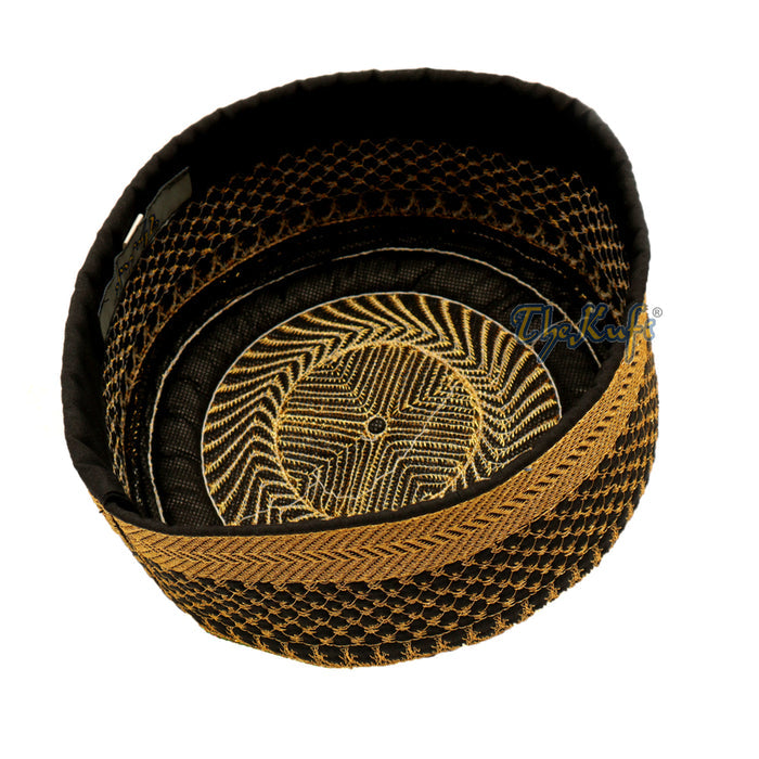 Black Kufi Hat with Gold Embroidery - African-Style Metallic Thread Padded
Semi-Stiff Prayer Cap Topi