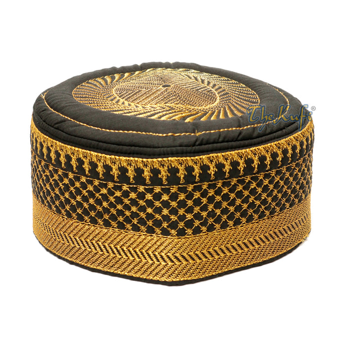 Black Kufi Hat with Gold Embroidery - African-Style Metallic Thread Padded
Semi-Stiff Prayer Cap Topi