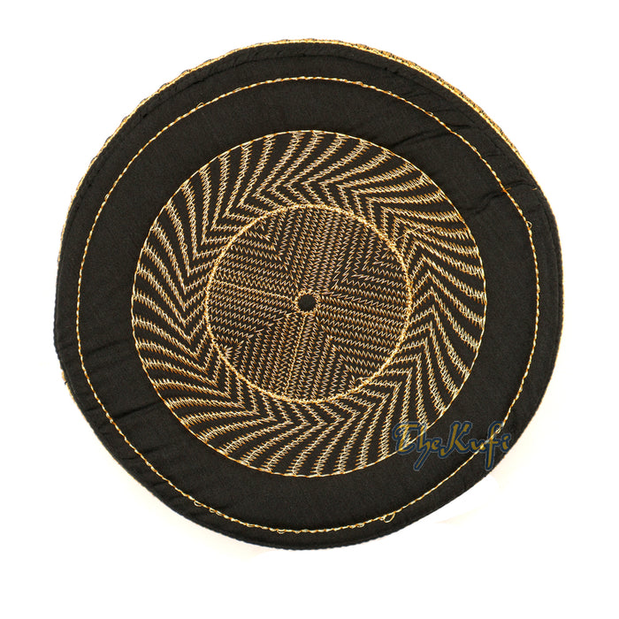 Black Kufi Hat with Gold Embroidery - African-Style Metallic Thread Padded
Semi-Stiff Prayer Cap Topi