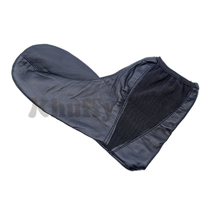 Black leather khuff socks for wudu and Islamic ablution, shown on a mannequin foot.
