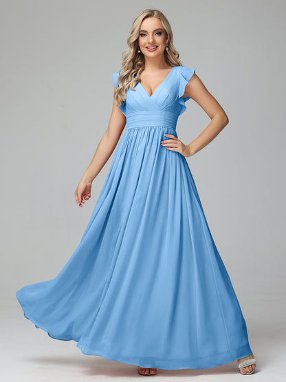 Bonnie V Neck Empire Chiffon Bridesmaid Dresses With Ruffle Sleeves