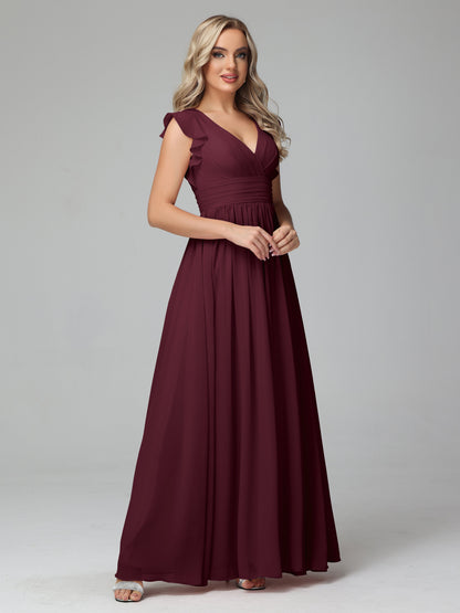 Bonnie V Neck Empire Chiffon Bridesmaid Dresses With Ruffle Sleeves