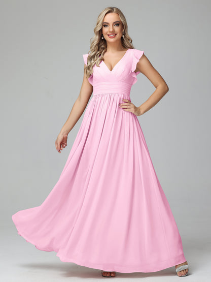 Bonnie V Neck Empire Chiffon Bridesmaid Dresses With Ruffle Sleeves