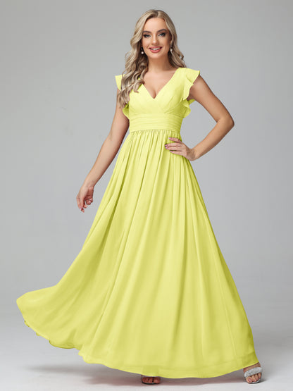 Bonnie V Neck Empire Chiffon Bridesmaid Dresses With Ruffle Sleeves