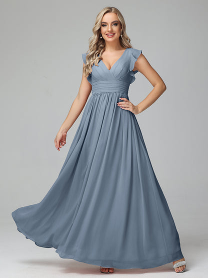 Bonnie V Neck Empire Chiffon Bridesmaid Dresses With Ruffle Sleeves