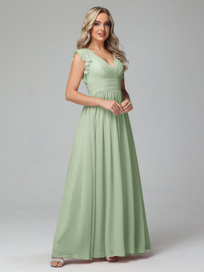 Bonnie V Neck Empire Chiffon Bridesmaid Dresses With Ruffle Sleeves