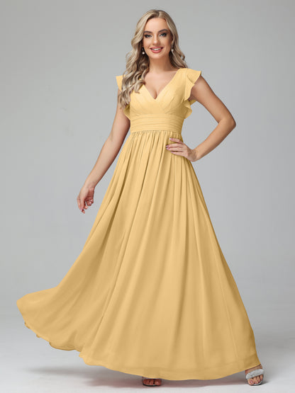 Bonnie V Neck Empire Chiffon Bridesmaid Dresses With Ruffle Sleeves