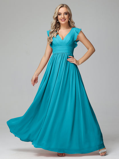 Bonnie V Neck Empire Chiffon Bridesmaid Dresses With Ruffle Sleeves