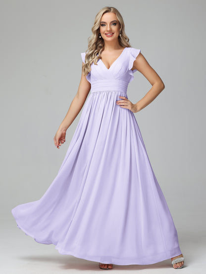 Bonnie V Neck Empire Chiffon Bridesmaid Dresses With Ruffle Sleeves