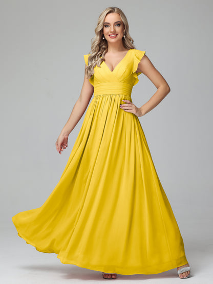 Bonnie V Neck Empire Chiffon Bridesmaid Dresses With Ruffle Sleeves
