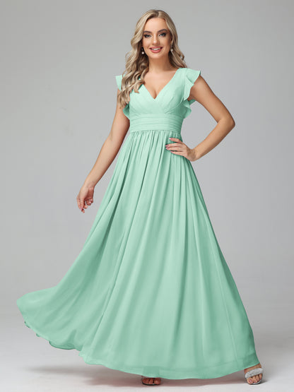 Bonnie V Neck Empire Chiffon Bridesmaid Dresses With Ruffle Sleeves