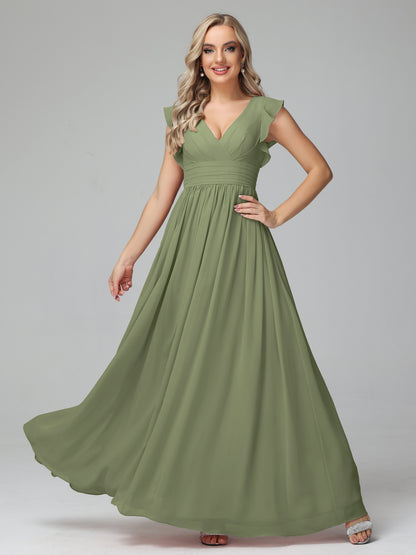 Bonnie V Neck Empire Chiffon Bridesmaid Dresses With Ruffle Sleeves