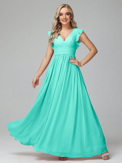 Bonnie V Neck Empire Chiffon Bridesmaid Dresses With Ruffle Sleeves