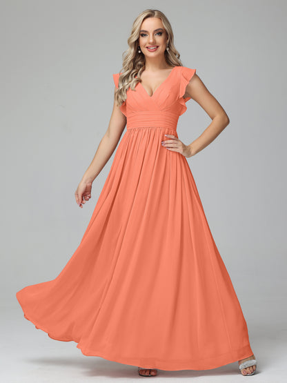 Bonnie V Neck Empire Chiffon Bridesmaid Dresses With Ruffle Sleeves