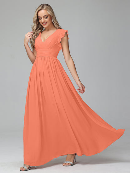 Bonnie V Neck Empire Chiffon Bridesmaid Dresses With Ruffle Sleeves