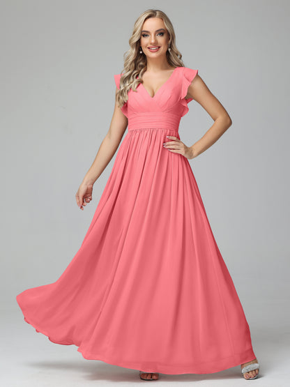 Bonnie V Neck Empire Chiffon Bridesmaid Dresses With Ruffle Sleeves