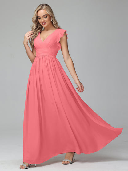 Bonnie V Neck Empire Chiffon Bridesmaid Dresses With Ruffle Sleeves