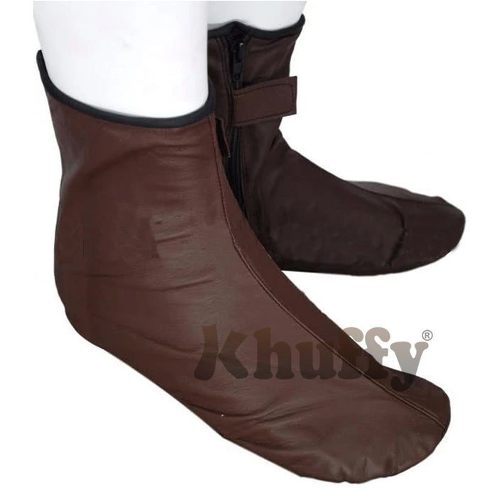 Chocolate Brown Men's/Women's Zipper Halal Leather Sunnah Khuff Khuffain Socks For Mosque