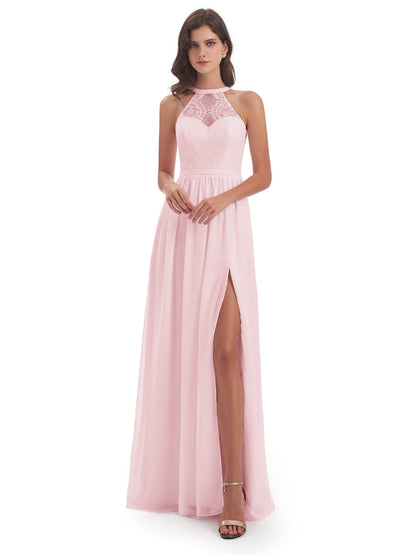 Ailani Halter Split Lace Long Bridesmaid Dresses
