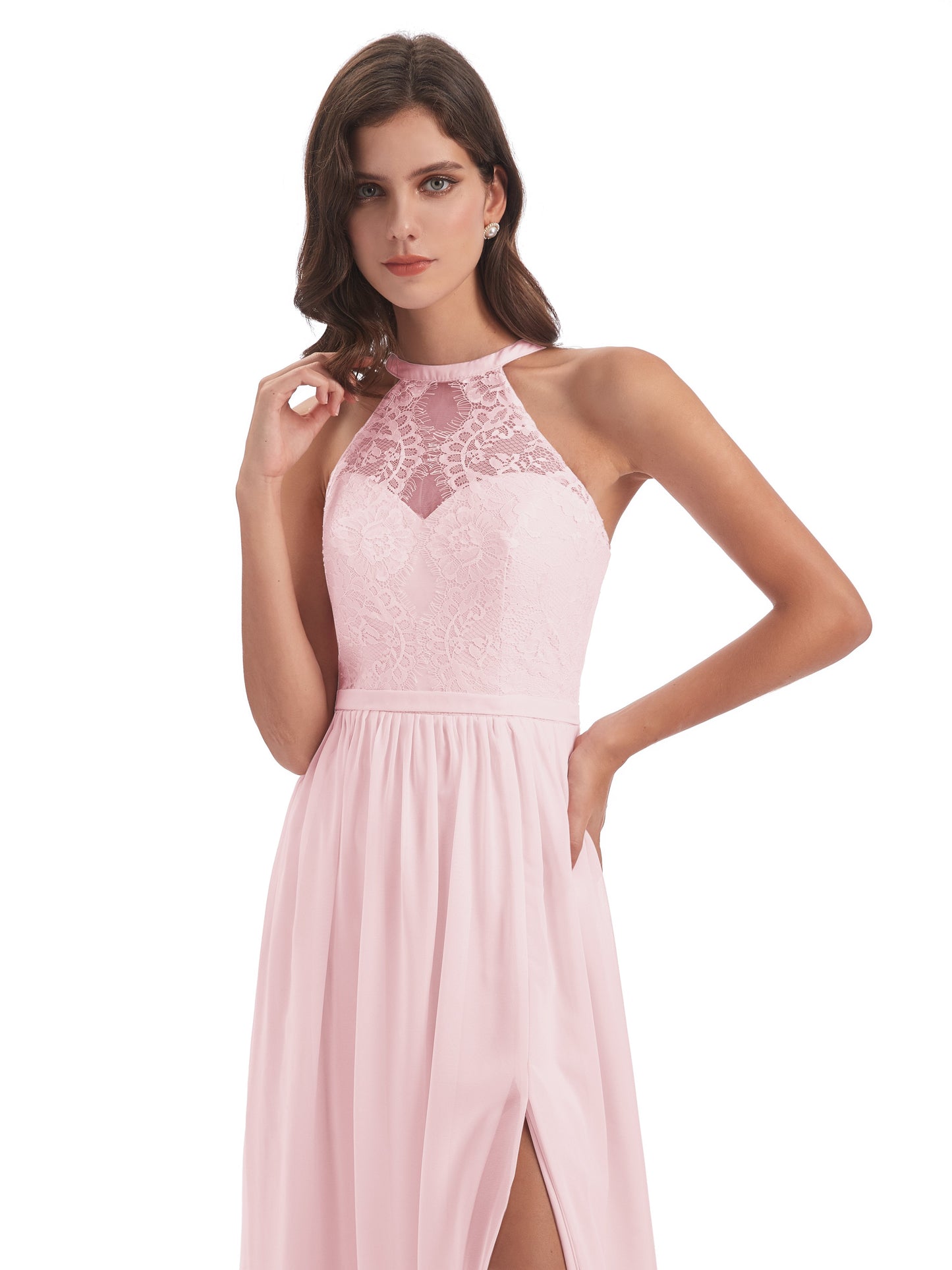 Ailani Halter Split Lace Long Bridesmaid Dresses