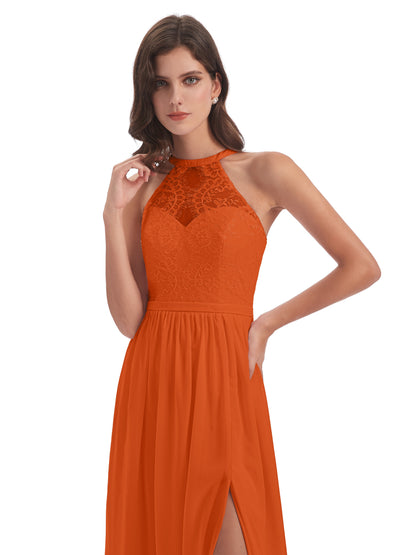 Ailani Halter Split Lace Long Bridesmaid Dresses
