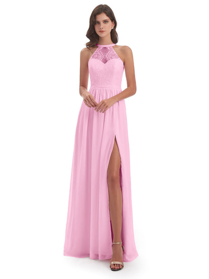 Ailani Halter Split Lace Long Bridesmaid Dresses
