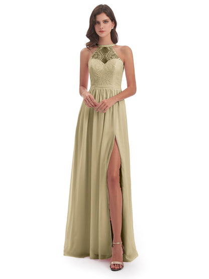 Ailani Halter Split Lace Long Bridesmaid Dresses