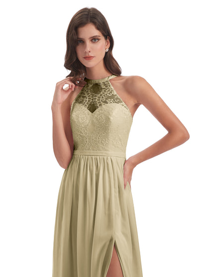 Ailani Halter Split Lace Long Bridesmaid Dresses