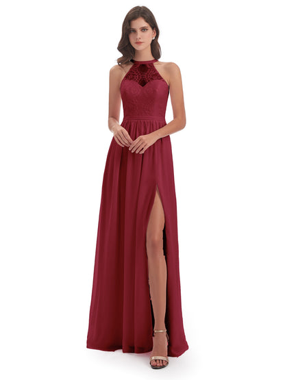 Ailani Halter Split Lace Long Bridesmaid Dresses