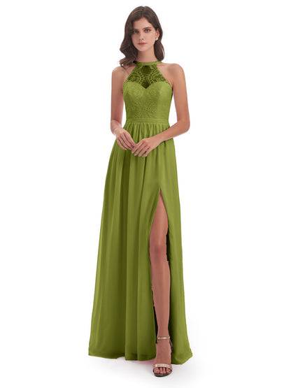 Ailani Halter Split Lace Long Bridesmaid Dresses