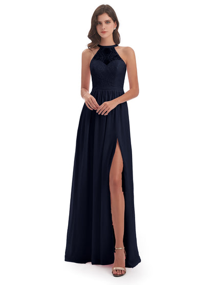 Ailani Halter Split Lace Long Bridesmaid Dresses