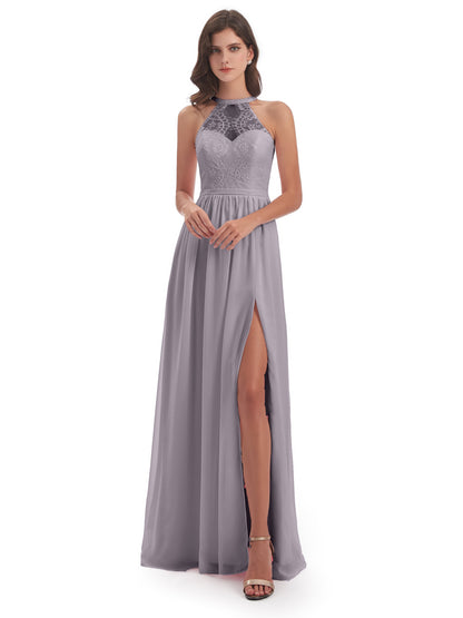 Ailani Halter Split Lace Long Bridesmaid Dresses
