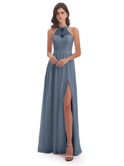 Ailani Halter Split Lace Long Bridesmaid Dresses