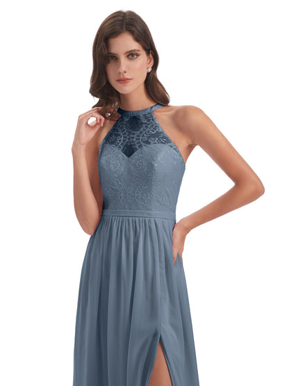 Ailani Halter Split Lace Long Bridesmaid Dresses