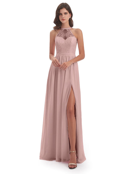 Ailani Halter Split Lace Long Bridesmaid Dresses