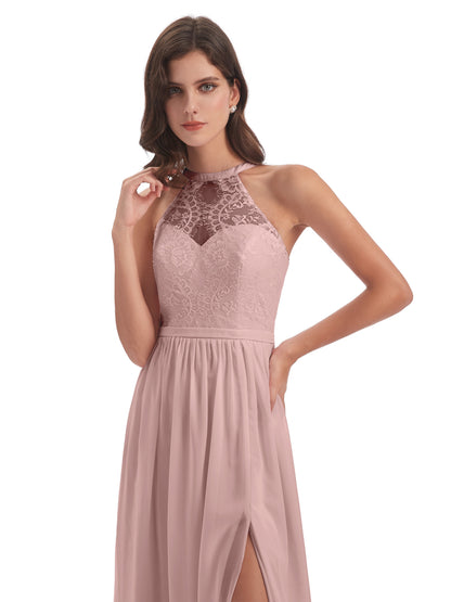 Ailani Halter Split Lace Long Bridesmaid Dresses