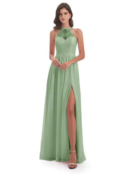 Ailani Halter Split Lace Long Bridesmaid Dresses