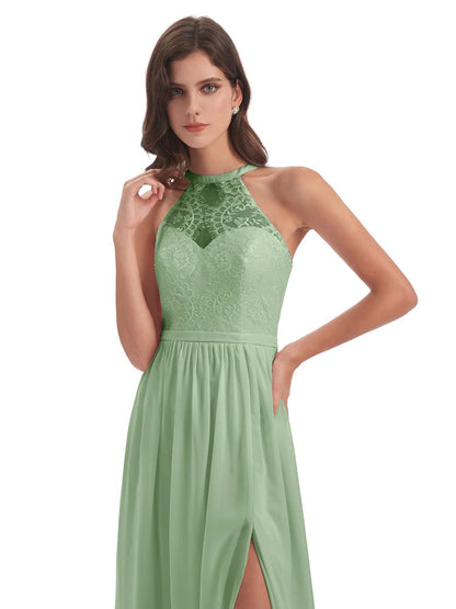 Ailani Halter Split Lace Long Bridesmaid Dresses