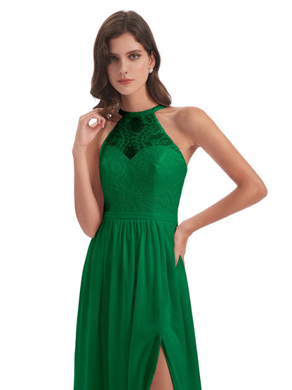 Ailani Halter Split Lace Long Bridesmaid Dresses