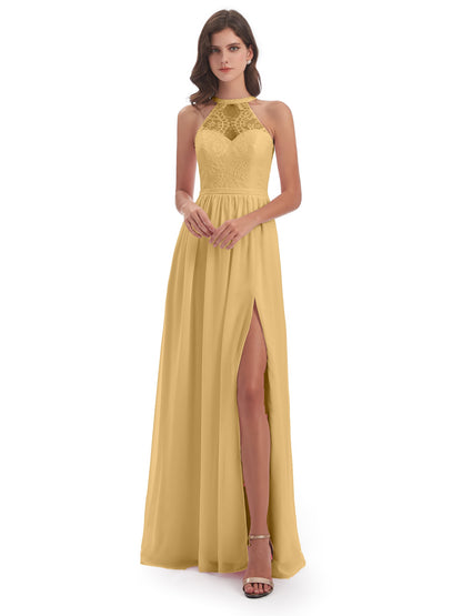 Ailani Halter Split Lace Long Bridesmaid Dresses
