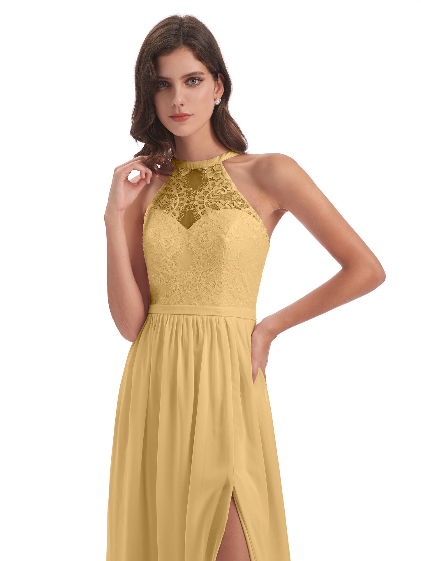 Ailani Halter Split Lace Long Bridesmaid Dresses